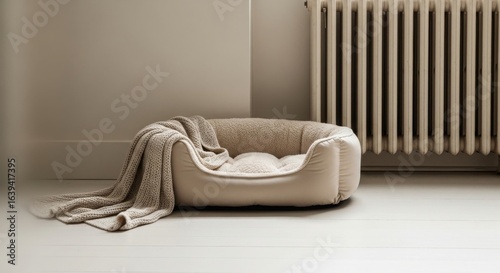 A cozy pet bed with a soft blanket, placed on a light wooden floor near a white radiator. The room has a minimalist design and neutral colors.