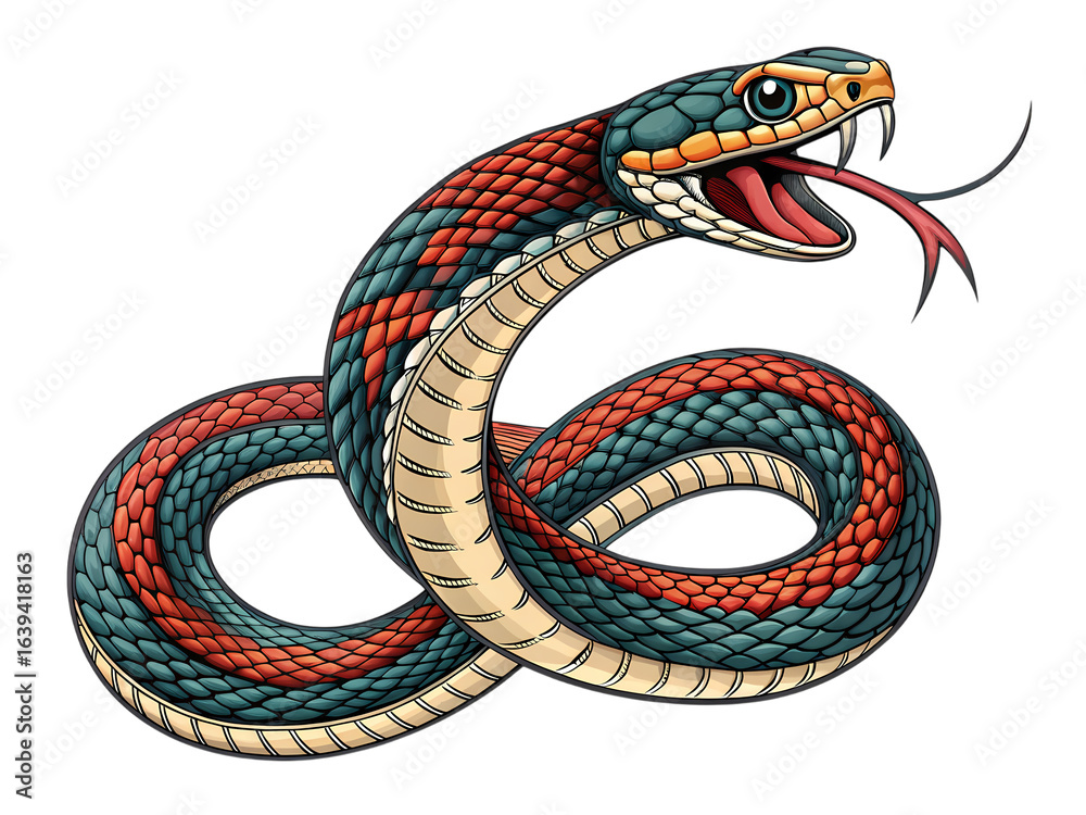 Obraz premium Striped Snake: Aggressive Posture, Detailed Illustration on transparent background
