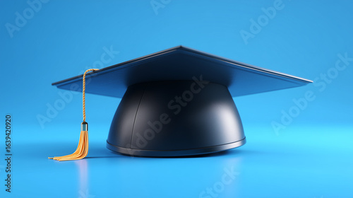 On a blue background, the education and graduation concept is shown through a realistic 3D rendering of a graduation cap, providing space for text about take course, educate, or study.

