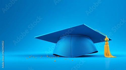 Realistic 3D shapes depict a graduation cap on a blue background, representing the education and graduation concept and offering an area for entering text about take course, educate, or study.







