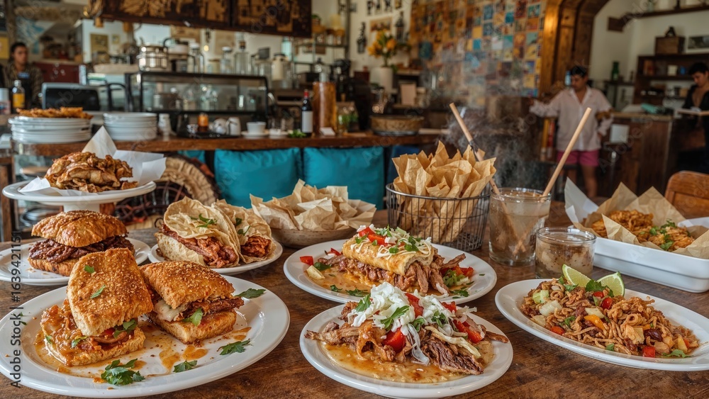Fototapeta premium Delicious Mexican Street Food: Tortas, Tacos, Empanadas, and Tamales Served Fresh