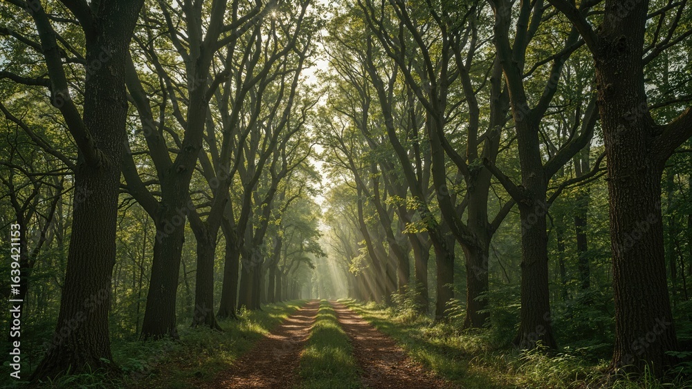 Obraz premium Walkway amidst a lush leafy forest. Organic tunnel formed by trees. Imposing silhouettes of towering trunks. Haze, sunlight streaming through, mellow daylight. Surreal dreamy summertime vista.