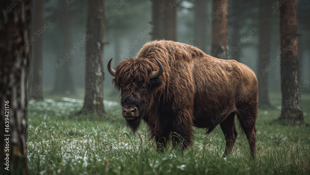 A group of European bison in their natural woodland environment A group of European bison in their natural woodland environment