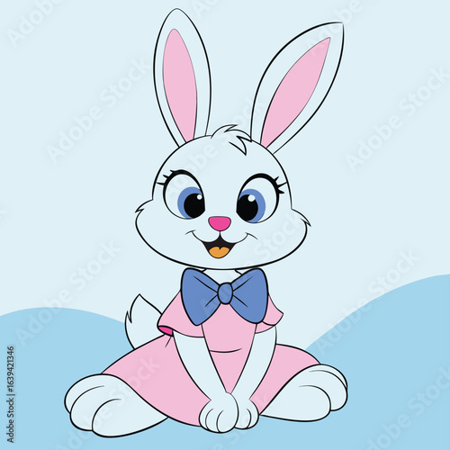 A fun and happy cartoon bunny with a big smile and an Easter egg is a cute animal vector illustration
