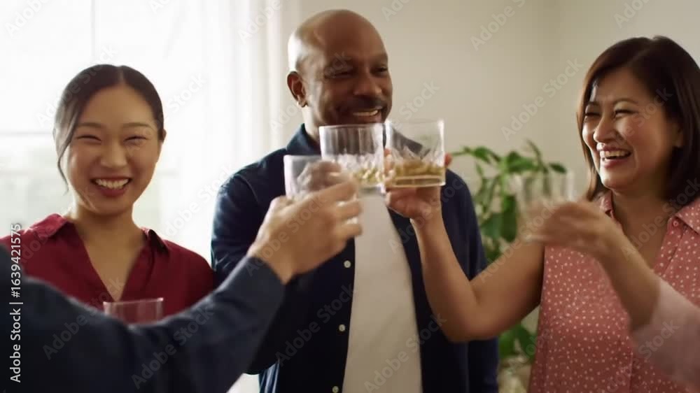 A diverse group of enjoys a celebratory toast, sharing smiles and laughter during a social gathering indoors. A diverse group of enjoys a celebratory toast, sharing smiles and laughter during a social gathering indoors.