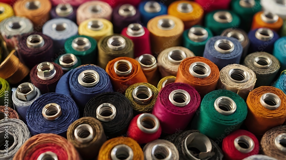 Fototapeta premium A close up view of many colorful spools of thread arranged in a dense and textured composition