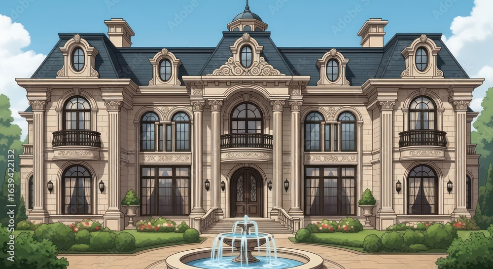 Naklejka premium Sunlit Classical Chateau with Symmetrical Fa?ade and Fountain in Anime Style