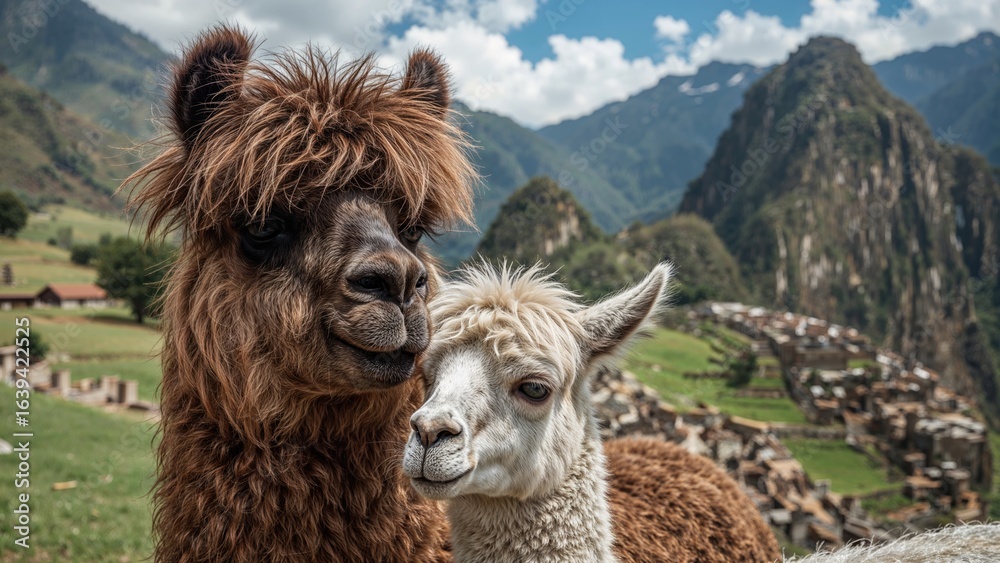 Obraz premium Discover the softest pair around! A loving mother llama and her cute baby, sharing happiness with every cozy cuddle.