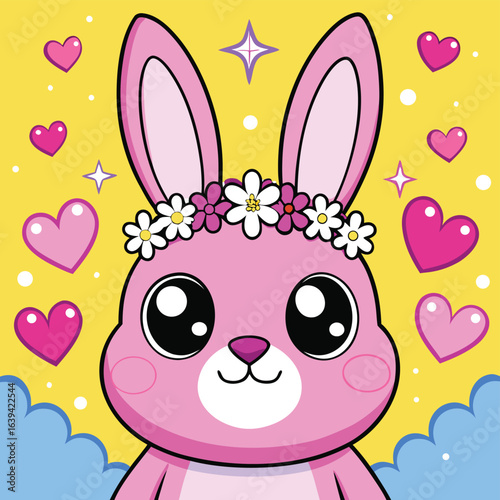 Happy Easter bunny holding a decorated egg in a colorful spring setting