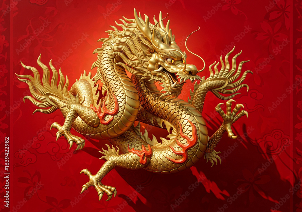 Fototapeta premium Ornate gold dragon illustration, a mythical symbol of luck and prosperity in Asian culture