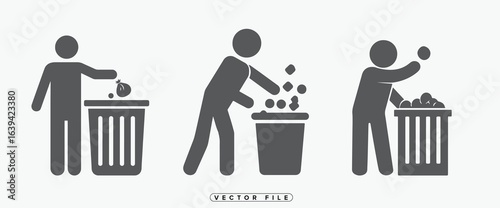 Black Silhouette Icons of People Throwing Trash into Waste Bins