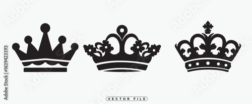 Set of black crown icons representing royalty and luxury in vector format