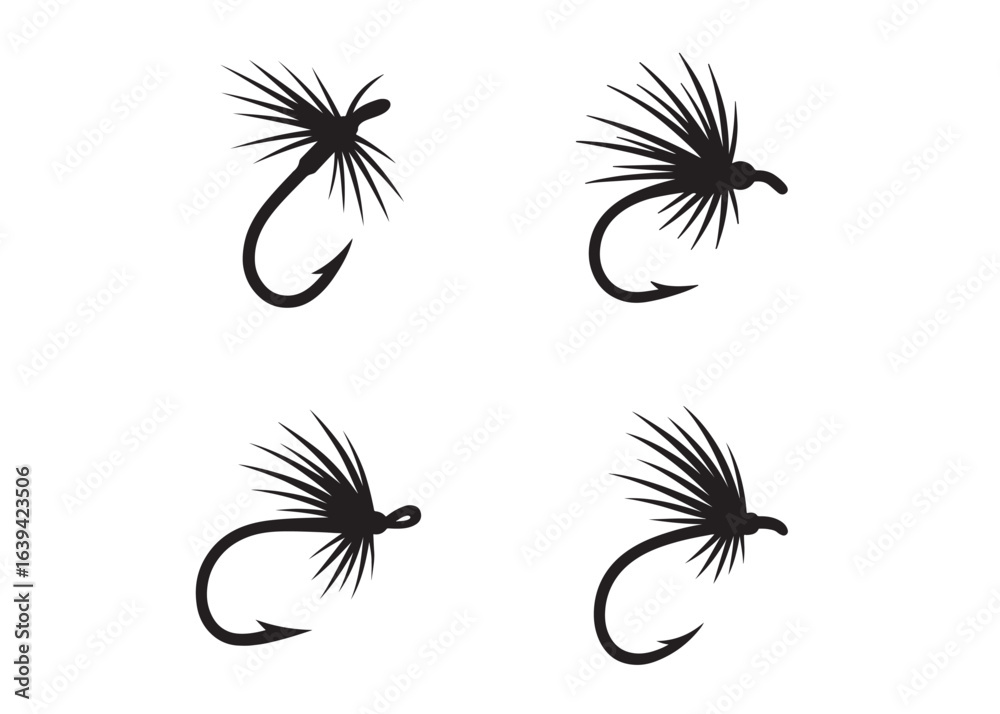Fototapeta premium Black silhouette of a fly fishing logo vector, fly fishing lure logo icon silhouette, fly fishing hook silhouette, fly fishing flies silhouette vector design on white background