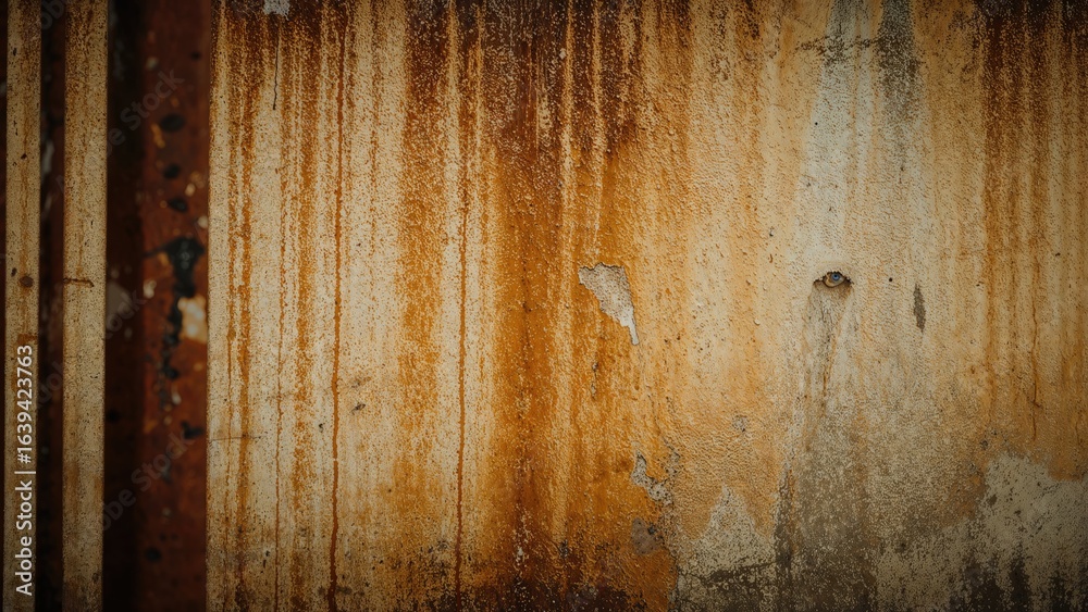 Obraz premium Aged rusty fence with sediment and dripping textures