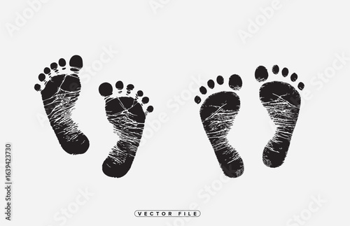 Black baby footprints and adult footprints vector illustration on white background