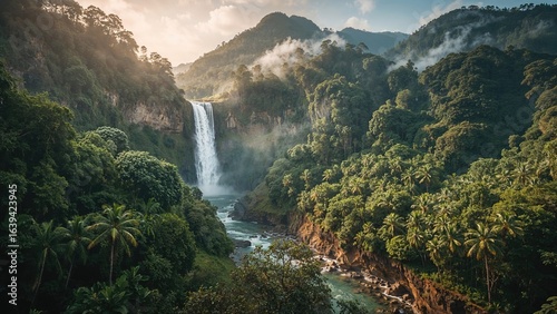 Nature's stunning waterfall framed by verdant trees and wild terrain