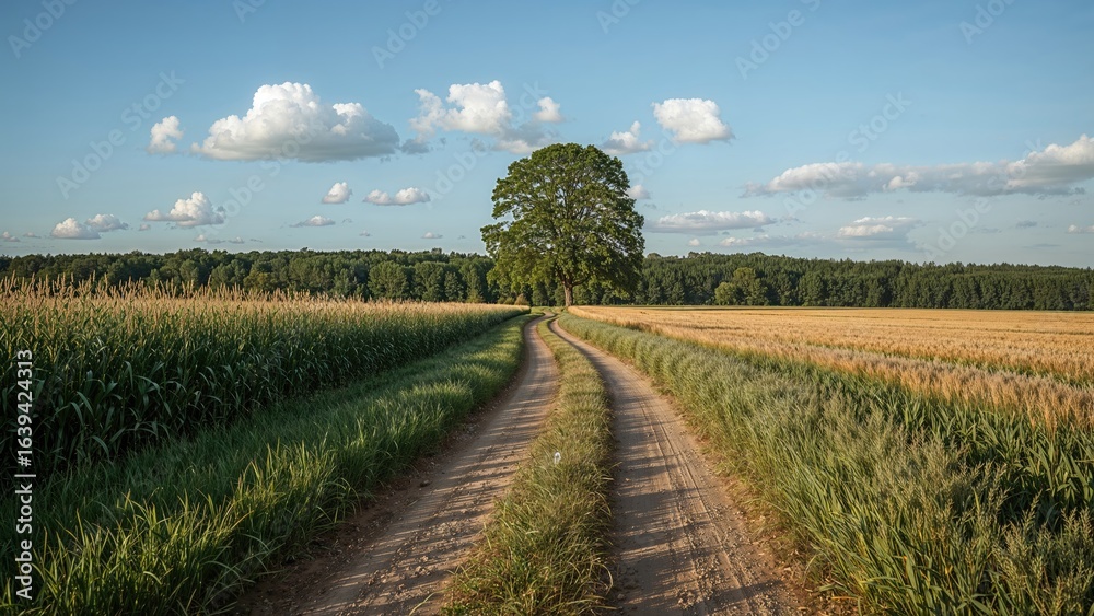 Obraz premium Narrow dirt route meandering between corn and wheat crops, highlighted by a solitary tree and adjacent forest