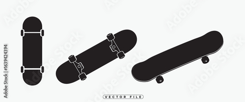 Black skateboard silhouettes in various perspectives on white background vector illustration