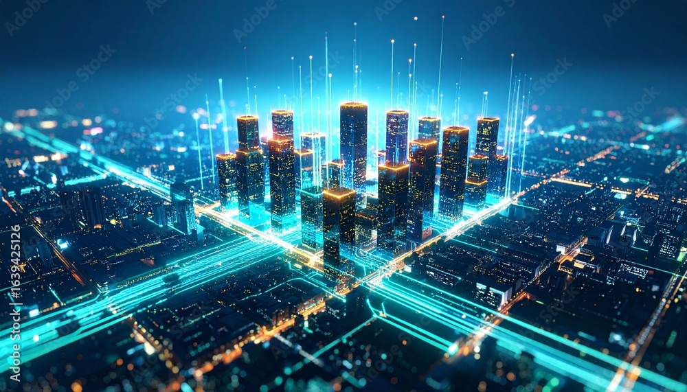 Fototapeta premium Futuristic Smart City: Networked Towers, Digital Glow