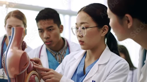 Medical students attentively examine a model, collaborating and focusing on anatomical details during their educational studies.