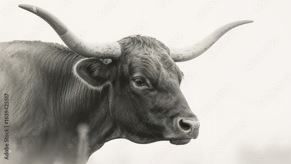 Naklejka premium Shallow focus portrait of an old-fashioned longhorn cow in black and white