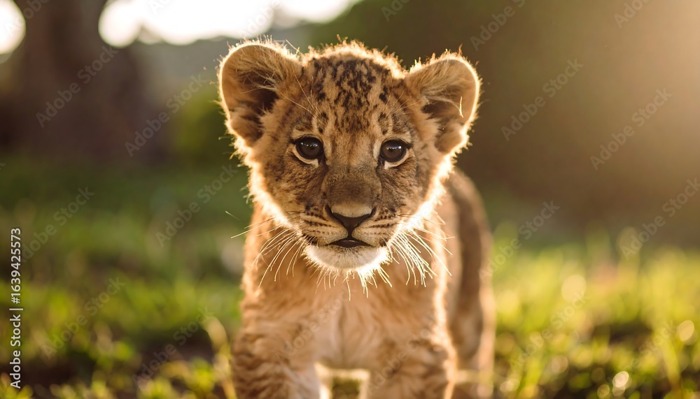 Fototapeta premium Close-up of a lion cub in a grassy field.