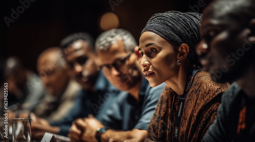 Engaging conversation among diverse leaders at an evening symposium in a vibrant urban setting