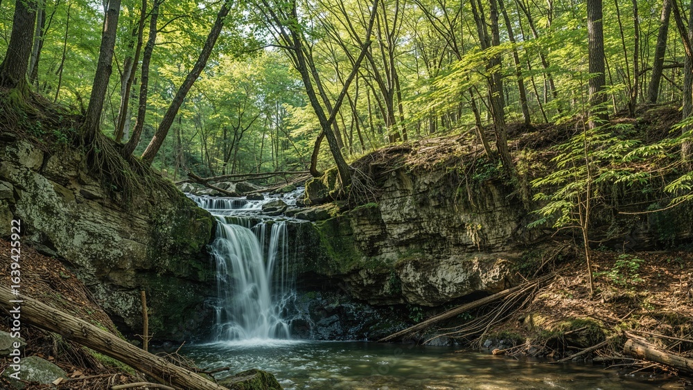 Fototapeta premium Summer waterfall nestled in vibrant forest landscape