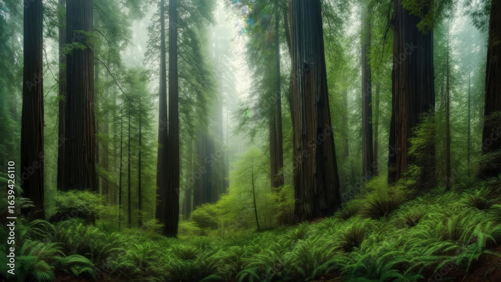 Fototapeta premium Ethereal Giants: A Misty Redwood Forest with a Lush Carpet of Ferns