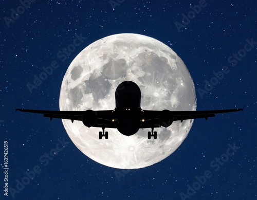 Airplane Silhouette Against Full Moon At Night