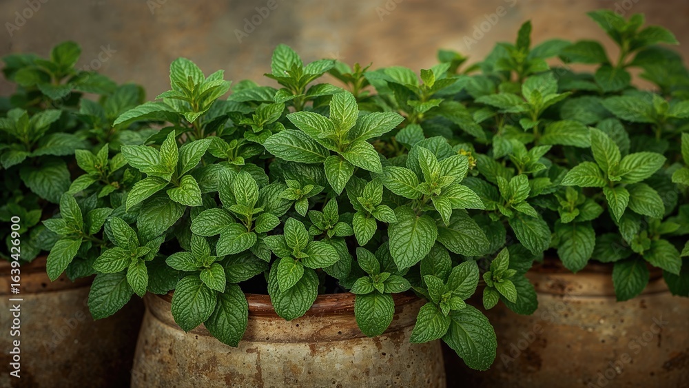 Fresh peppermint in planter pots Fresh peppermint in planter pots
