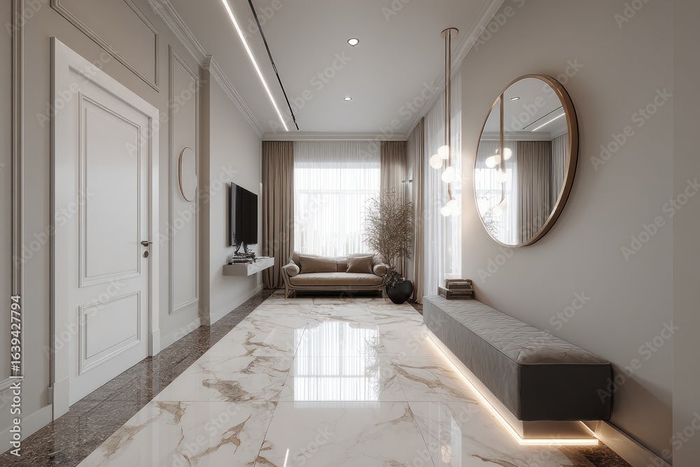 Fototapeta premium Bright hallway with marble floors, modern furniture, decor, and inviting natural light