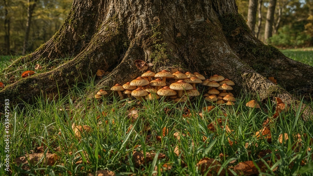 Fototapeta premium Close-up capture of mushrooms in a garden setting during autumn