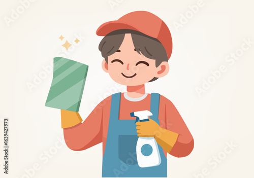 Flat illustration of a male employee cleaning a glass.