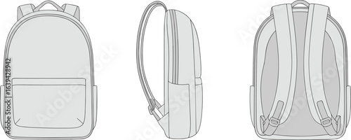 Backpack CAD drawing, flat vector illustration, school bag blueprint, travel backpack technical sketch, modern daypack design diagram, luggage engineering concept art