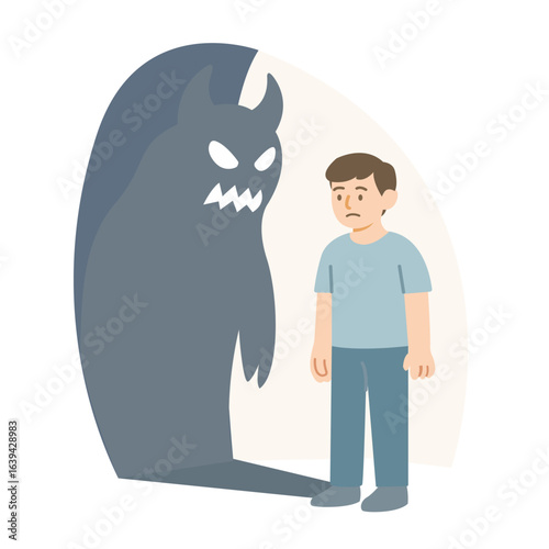 A person standing inside a large grey shadow with a frightening shape, while the area in front of them is bright and safe, symbolizing inner fear despite a safe environment,  vector illustration