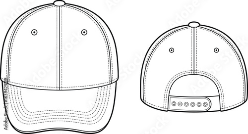 Baseball cap CAD drawing, flat vector illustration, snapback hat technical sketch, headwear blueprint design, fashion accessory template, detailed cap front back view
