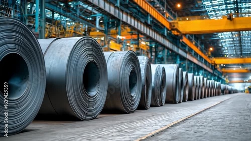 Steel coils in factory: Massive steel coils stand in a row on a factory floor, bathed in the light from the industrial space. Metal industry.