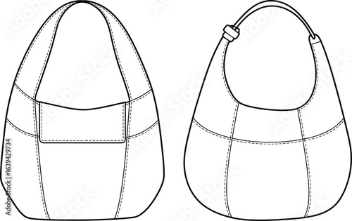 Fashion handbag CAD drawing, flat vector illustration, front and back view, technical sketch, bag design template, sewing pattern, accessory outline