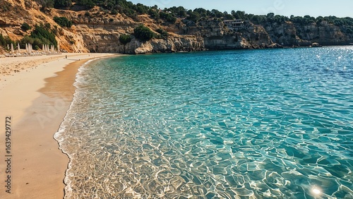 Fototapeta Naklejka Na Ścianę i Meble -  Tracks on the beach beside a sparkling azure lagoon