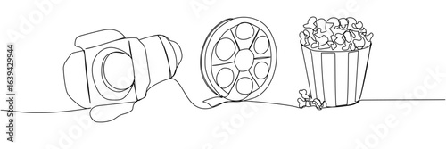 Single line drawing of video camera, film reel, and popcorn minimalist concept of filmmaking and movie snacks