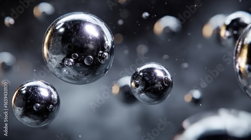 Spherical Metallic Bubbles Floating: A captivating and immersive macro shot reveals a cluster of lustrous, spherical metallic bubbles suspended in a mesmerizing interplay of light and shadow.