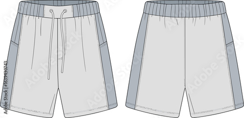 Men’s shorts CAD drawing, flat vector illustration, front and back view, fashion technical sketch, garment sewing pattern, casual summer shorts design