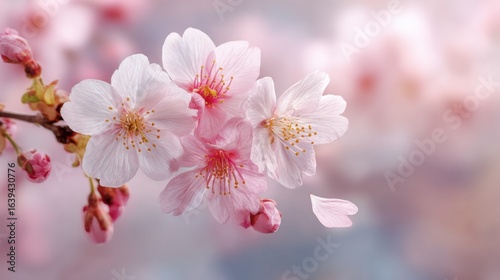 Blooming Cherry Blossom Branch: A delicate branch adorned with soft pink cherry blossoms, with petals gently floating away in a serene close-up.