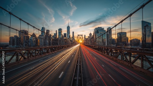 Blurred movement on a bridge over a busy highway with a city skyline at dusk