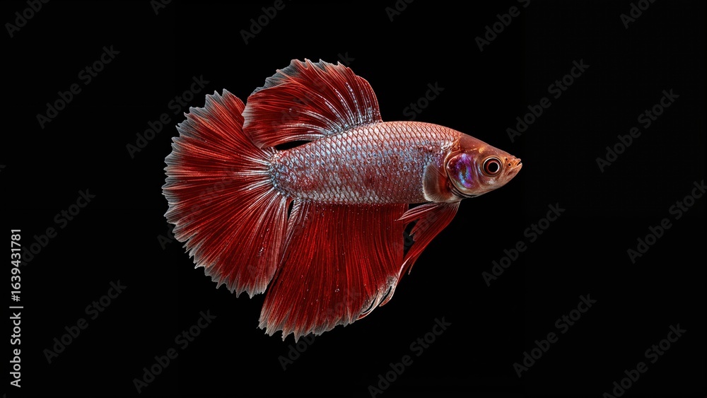 Obraz premium Rosetail and Halfmoon Betta Fish in Multiple Hues with Red Dragon Type, Presented on a Black Background