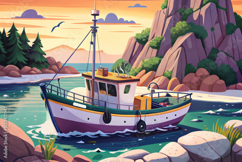 Fishing boat anchored near rugged rocky coastline with nets hanging from its deck, perfect for coastal life visuals, maritime industry illustrations, and seaside fishing culture project