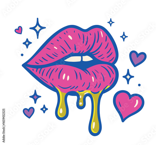 Vibrant pop art vector artwork of romantic glossy pink lips with dripping liquid, playful hearts and sparkling stars, isolated on clean white background
