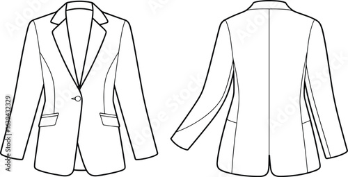 Women’s blazer CAD drawing, flat vector illustration, front and back view, fashion technical sketch, garment sewing pattern, tailored jacket design template
