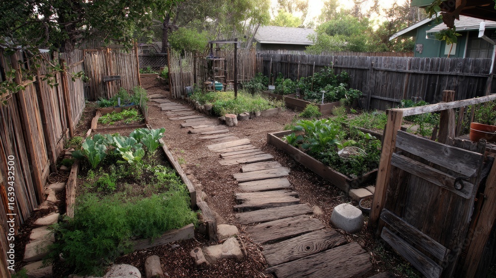 Tranquil Backyard Garden with Raised Beds, Pathways, and Green Vegetation Under Soft Evening Light Tranquil Backyard Garden with Raised Beds, Pathways, and Green Vegetation Under Soft Evening Light